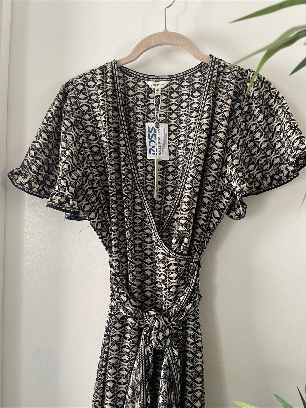 Max Studio Black and Cream Geometric Wrap Midi Dress